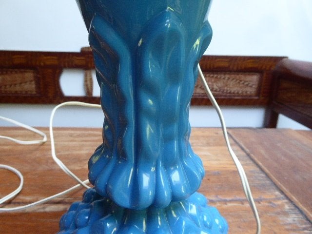 Prachtige blauwe opaline lamp met koperen rand, Ophalen of Verzenden