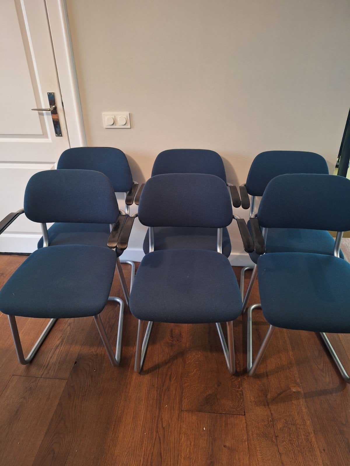 6 Gispen-stijl buisframe eetkamerstoel in donkergroen/blauw, Huis en Inrichting, Ophalen, Gebruikt, Blauw, Metaal
