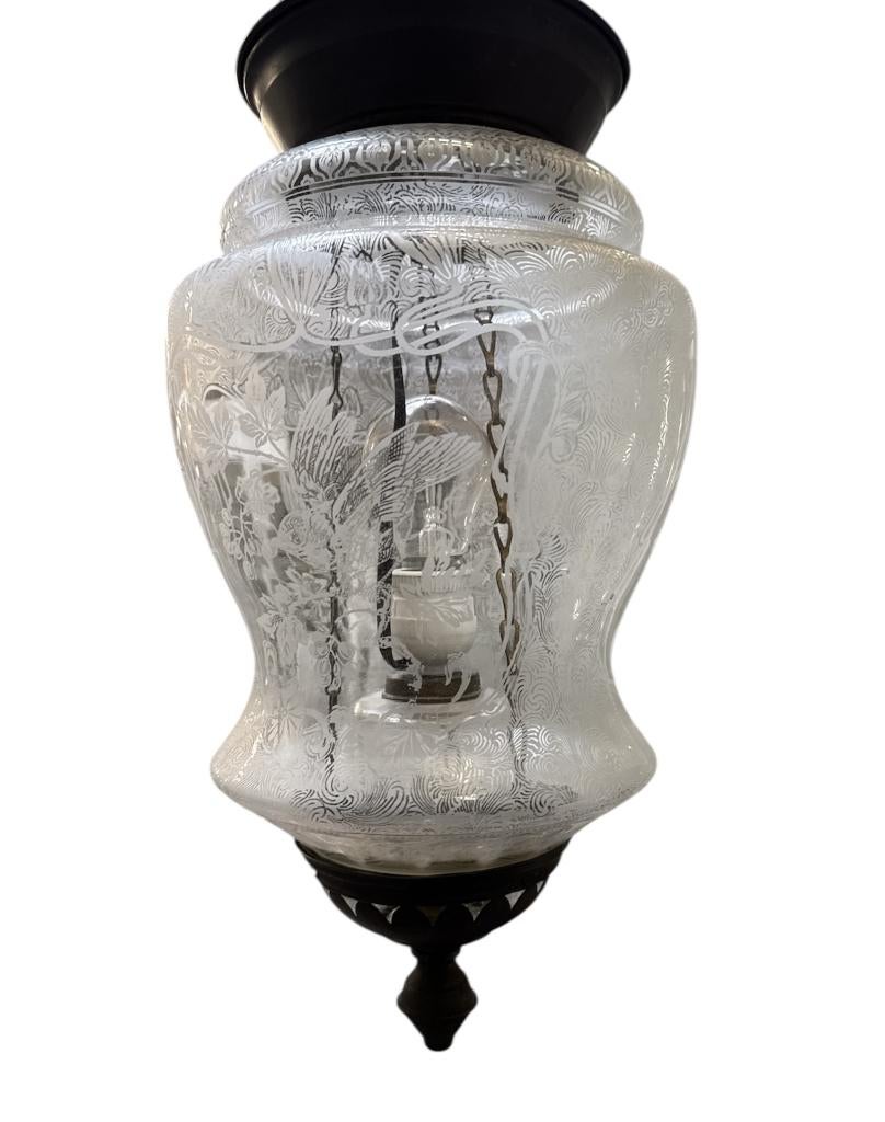 733. Art Nouveau hanglamp met mousselineglas, begin 20e eeuw, Ophalen of Verzenden