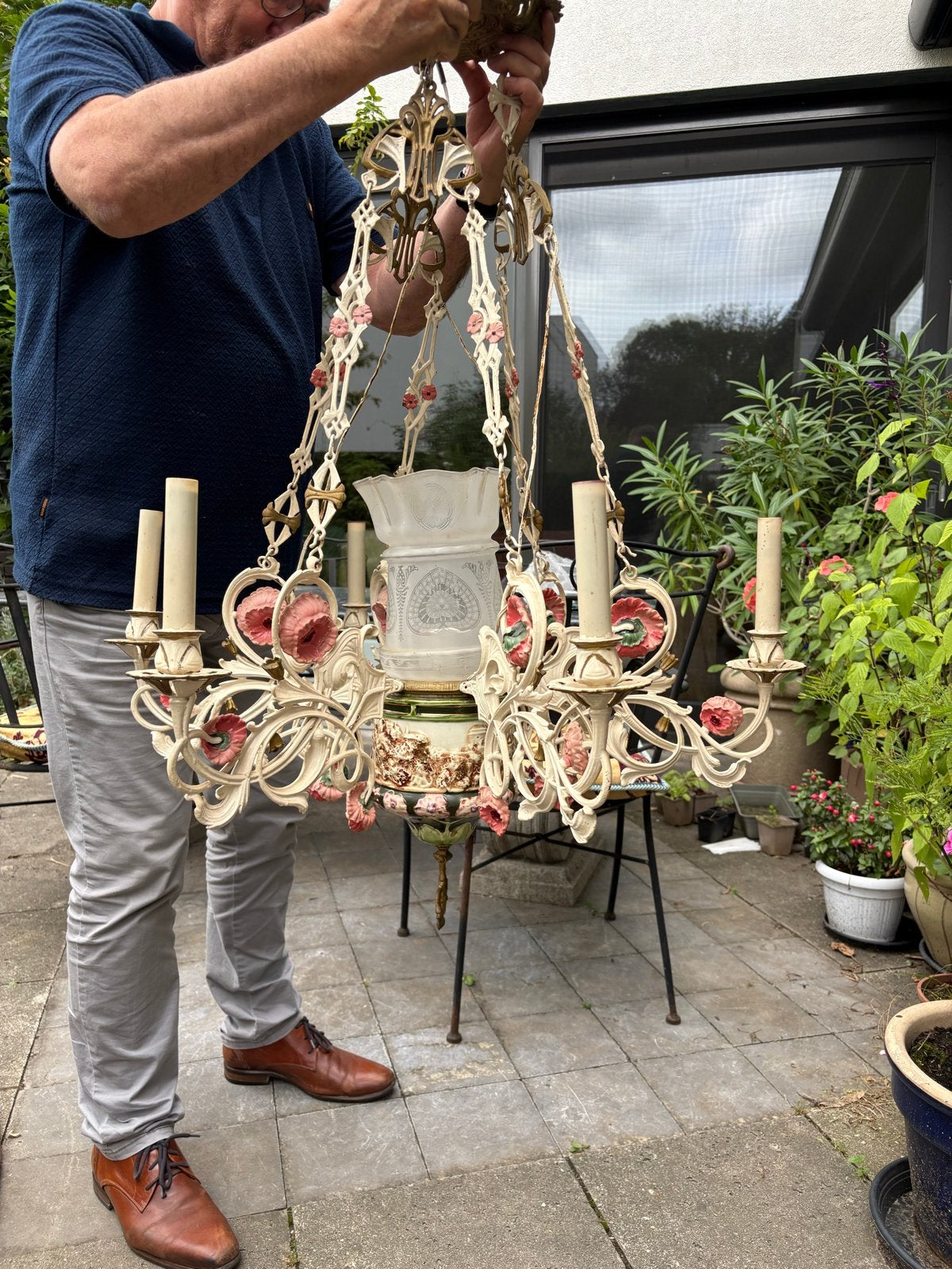 Antieke porseleinen hanglamp met glazen kap, 1890, Antiek en Kunst, Ophalen