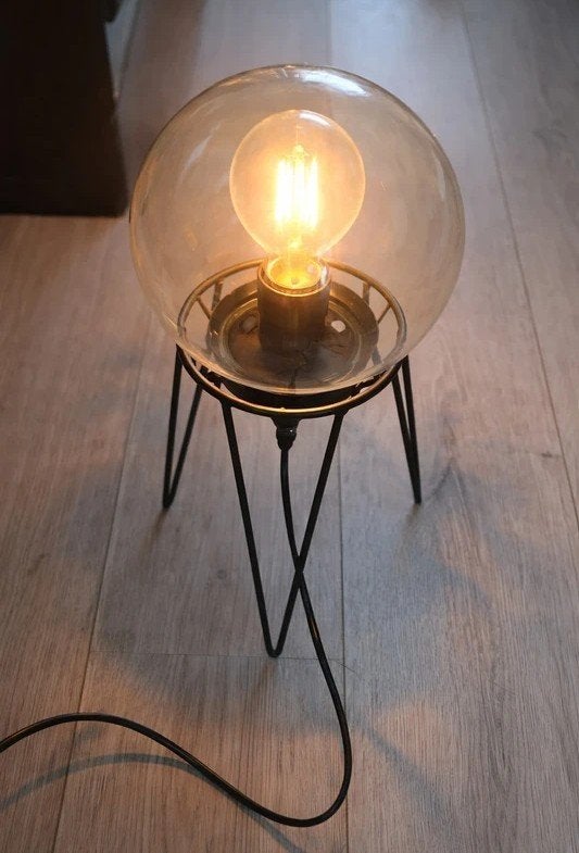 Industriële tafellamp glas metaal vintage design zwart, Ophalen of Verzenden, Zo goed als nieuw, Metaal