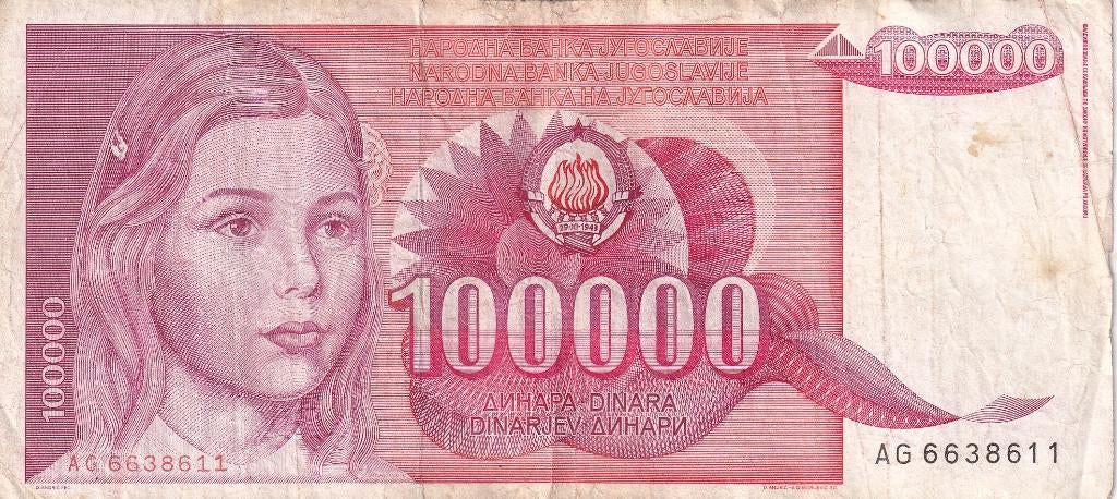 Joegoslavië 100.000 dinar 1-5-1989, Verzenden, Joegoslavië, Los biljet