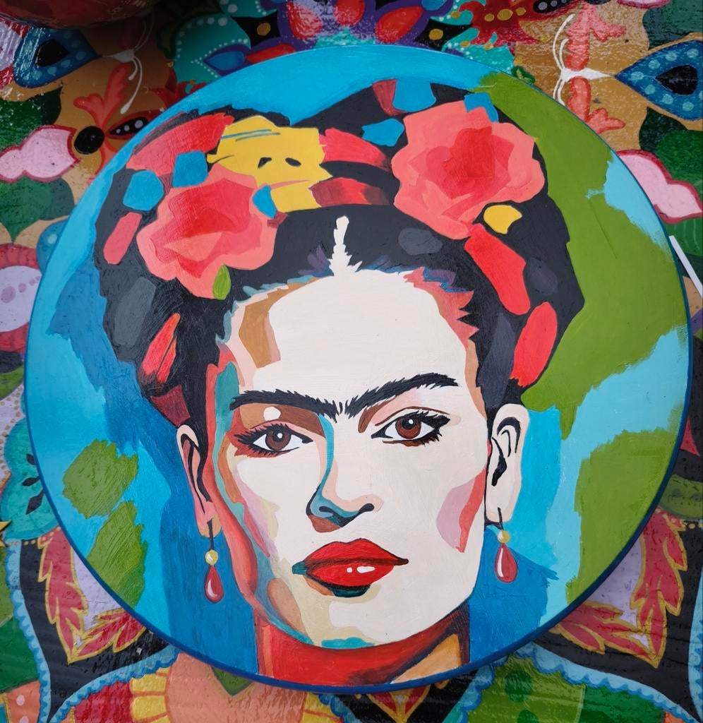 Draaiplateau zelf beschilderd Frida Kahlo, Ophalen of Verzenden, Nieuw, Rond, Hout