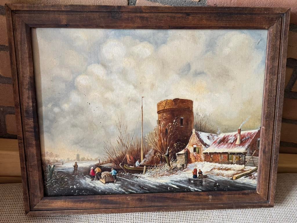 Antiek schilderij Wintergezicht in lijst - W.H. Aberson, Ophalen of Verzenden