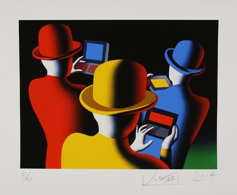 Mark Kostabi - Three Hads - Litho Handgesign., Verzenden
