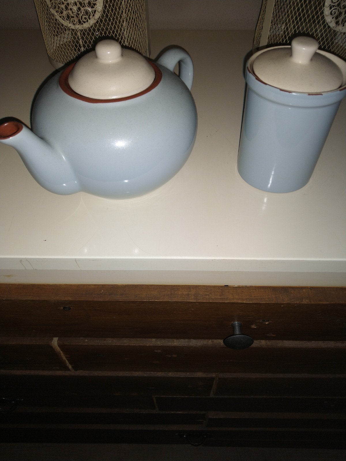 Vintage theepot en voorraadpot set - lichtblauw/crème, Ophalen