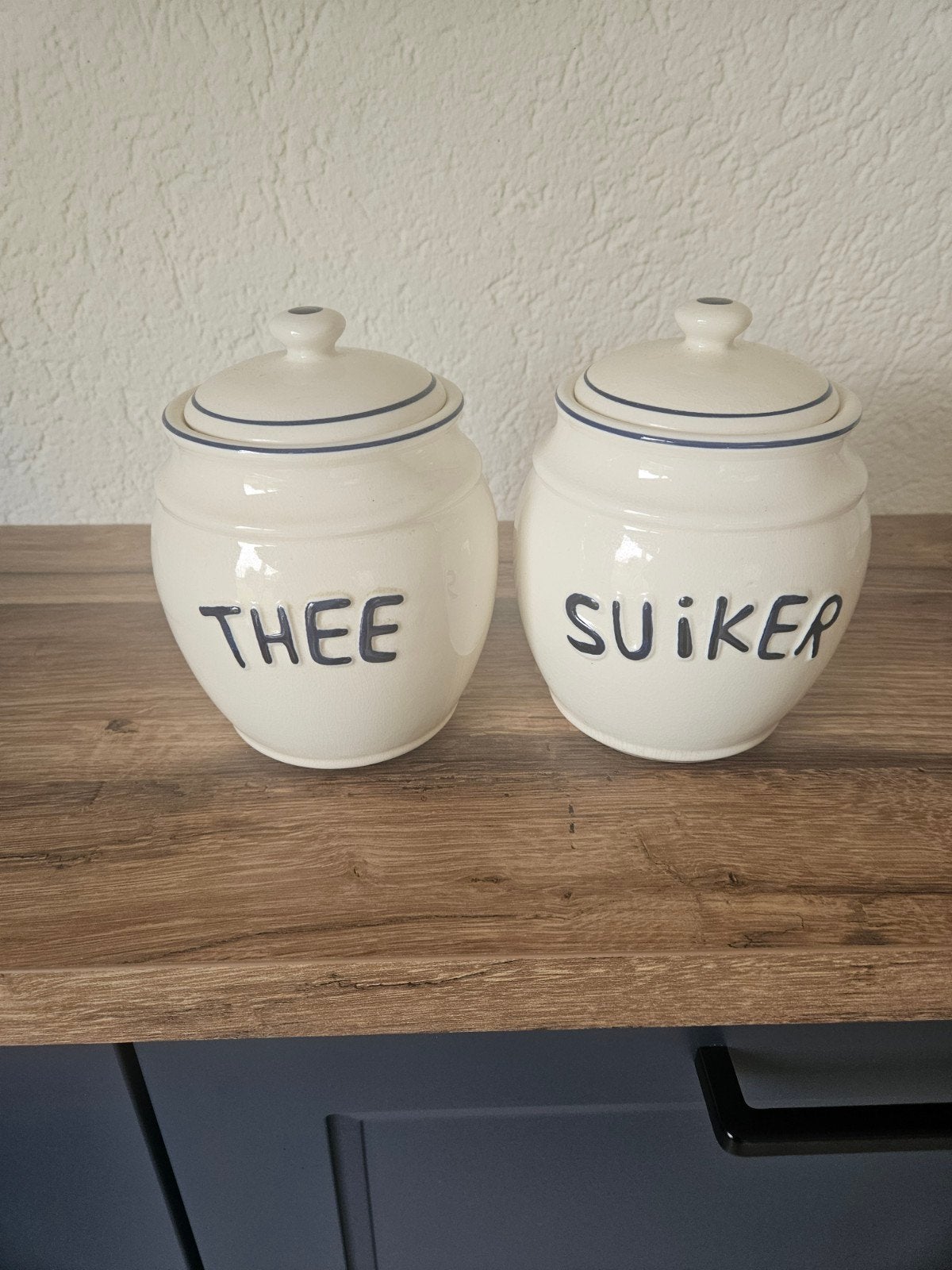 blauw/witte  vintage  thee en suikerpot, Huis en Inrichting, Ophalen, Overige materialen, Pot, Bus of Blik