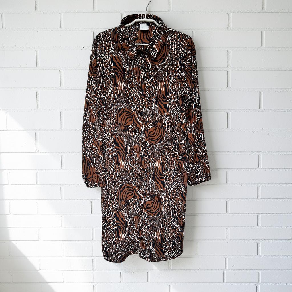 Fos Amsterdam Jurk Maat M Bruin Zwart Panter Tijger Print, Maat 38/40 (M), Ophalen of Verzenden, Zo goed als nieuw, Knielengte