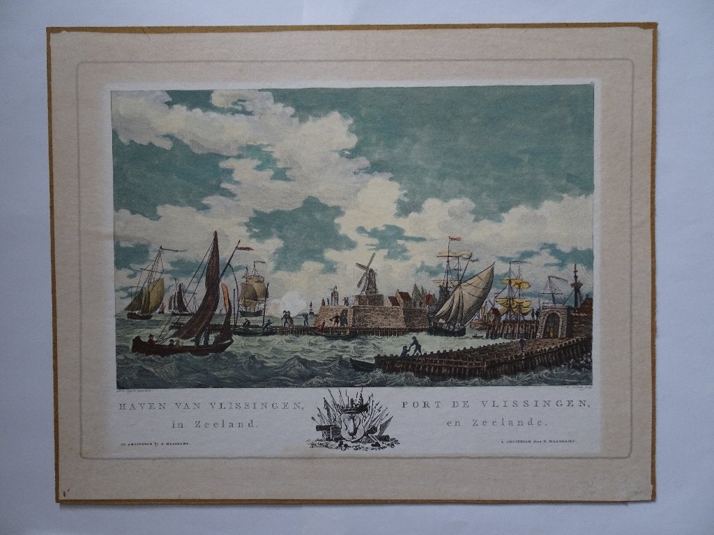 Handgekleurde druk gravure Haven Vlissingen, M. Sallieth, Gebruikt, Verzenden, Voor 1940, Prent