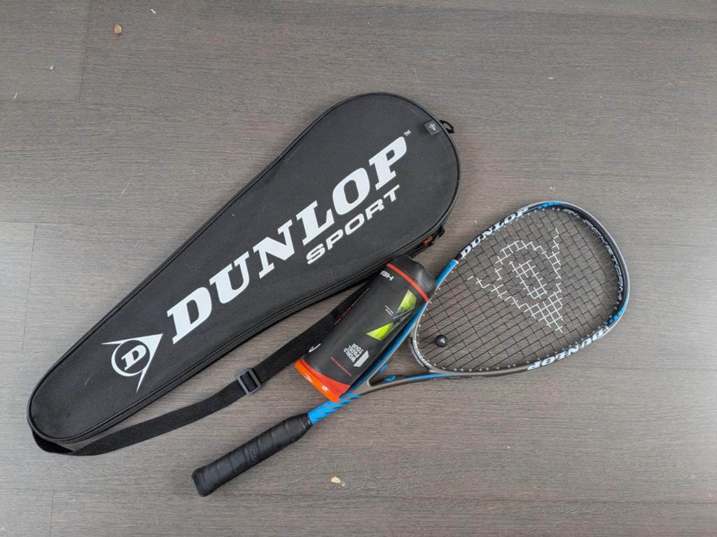 Dunlop Blackstorm Power 3.0 squashracket + tas + ballen, Ophalen, Zo goed als nieuw