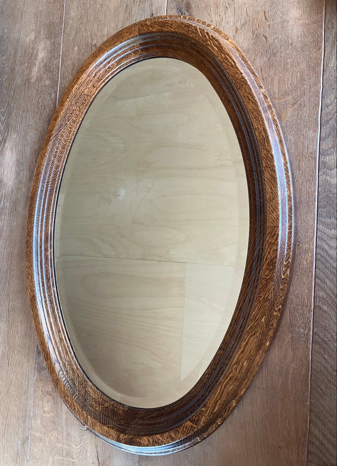 Ovale eikenhouten spiegel met facet geslepen glas, Ophalen, Zo goed als nieuw, Minder dan 100 cm, Ovaal