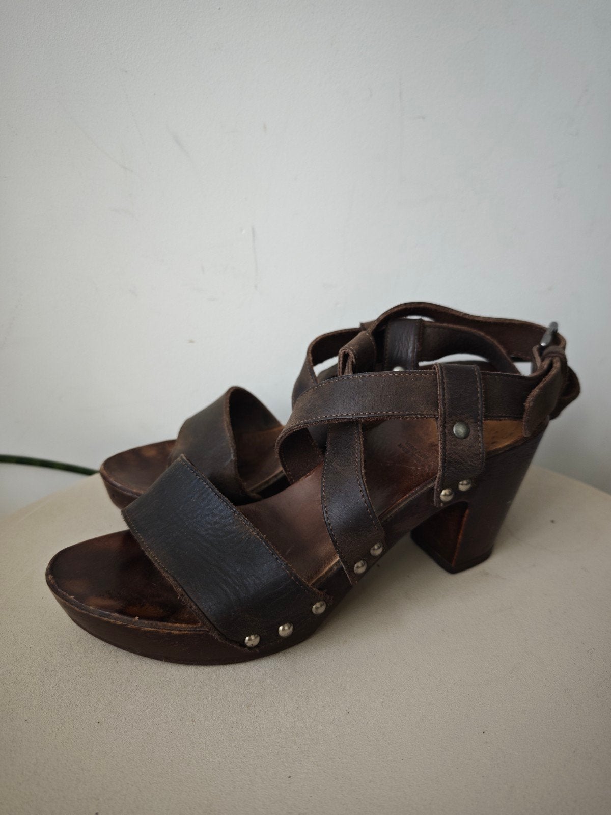SHABBIES bruin leren klomp sandaal met hak maat 37, Gedragen, Bruin, Shabbies Amsterdam, Sandalen of Muiltjes
