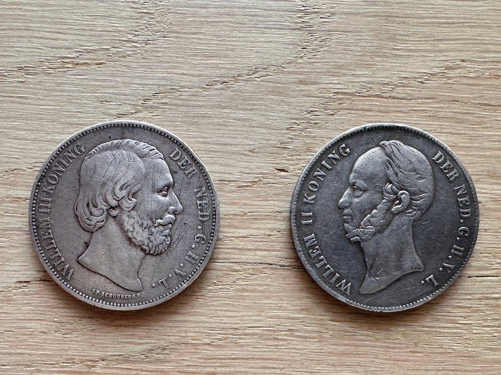 2 Rijksdaalders: Willem II (1847) en Willem III (1874), Postzegels en Munten, Munten | Nederland, Ophalen, Koning Willem III, Setje