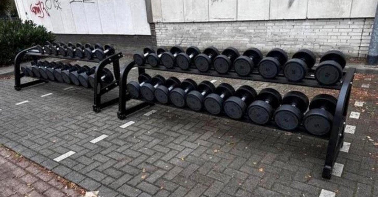 Technogym Pu Rubberen Dumbells 4 t/m 40kg+ 2 Dumbells Rekken, Ophalen, Gebruikt, Dumbbell