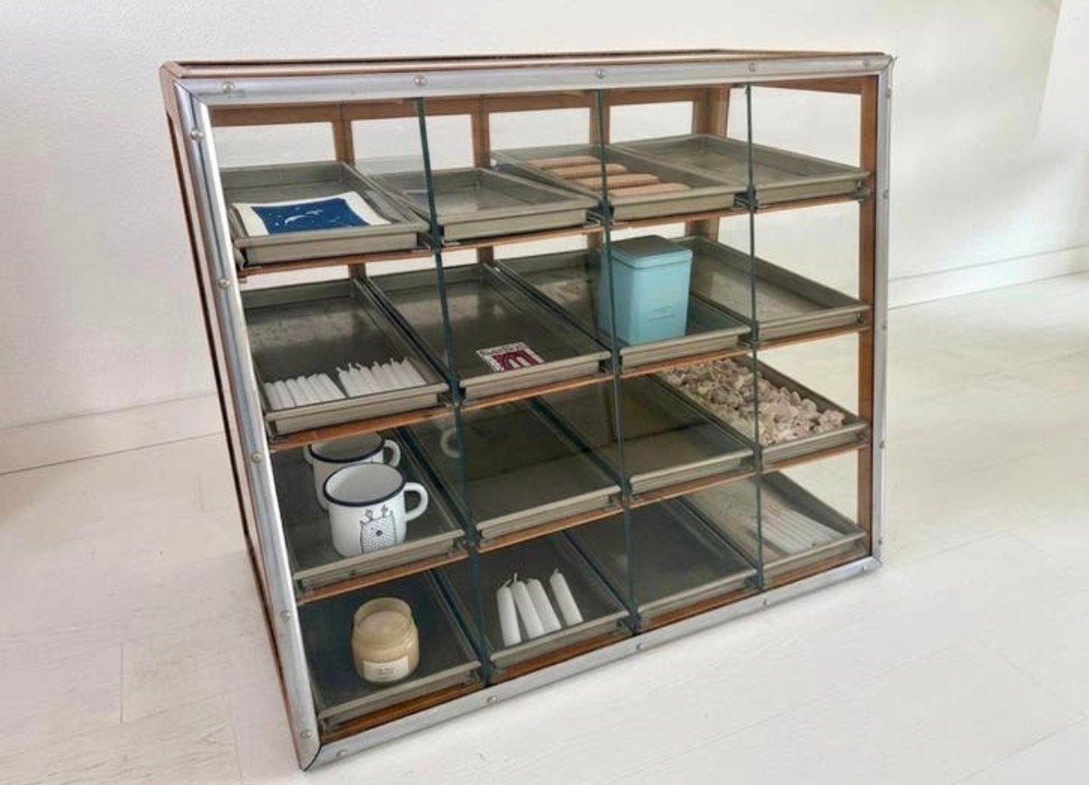 Vintage vitrine / toonbankkast, hout & glas, Ophalen, 50 tot 100 cm, 25 tot 50 cm, Glas