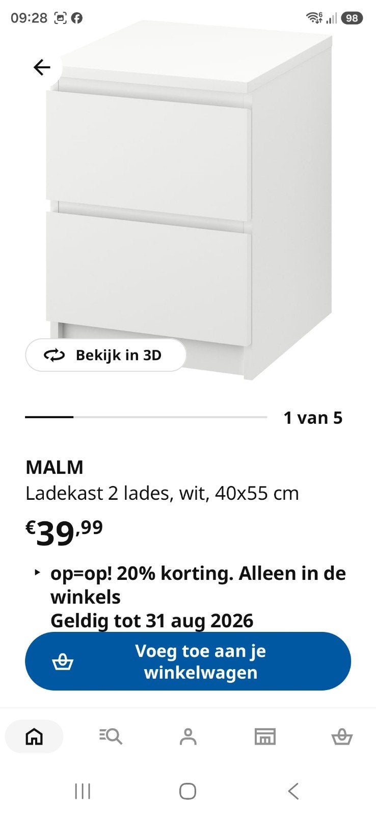IKEA MALM ladekastje, wit, nieuw in doos, Ophalen, Minder dan 50 cm, 1 of 2 laden, Nieuw
