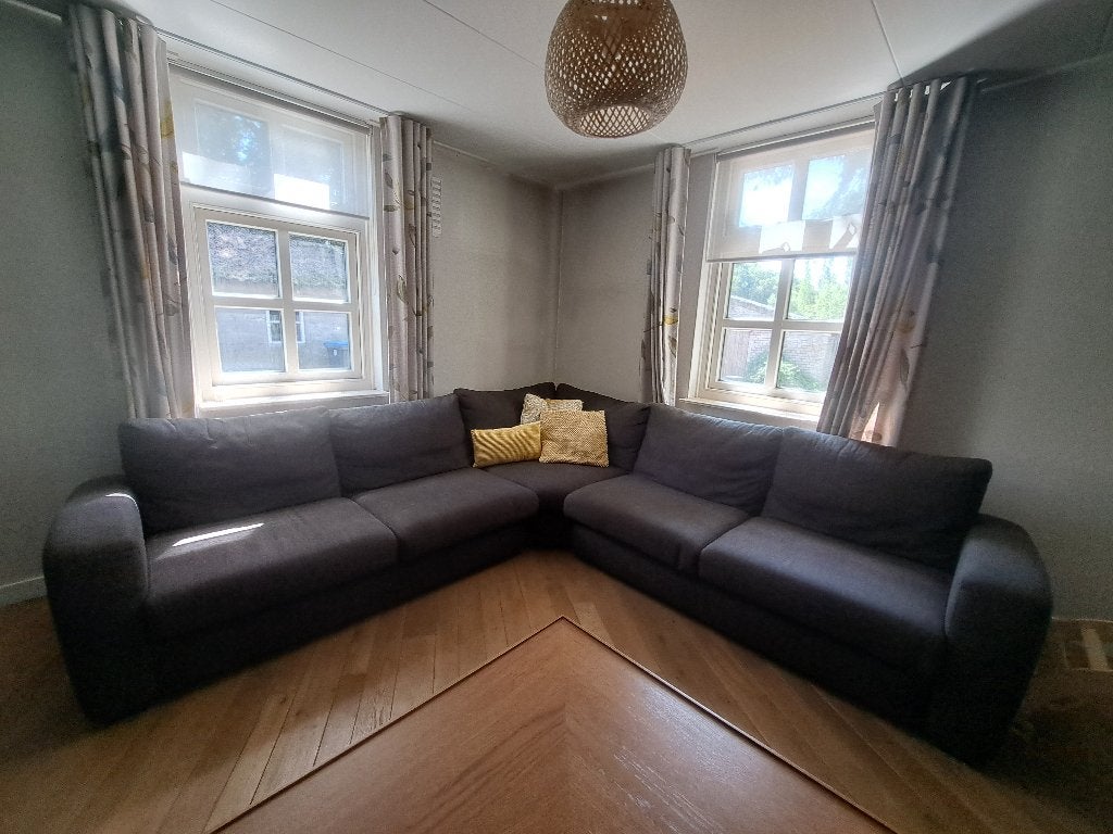 Hoekbank bruin stof met losse kussens, Huis en Inrichting, Banken | Bankstellen, Ophalen, Gebruikt, Hoekbank, 75 tot 100 cm