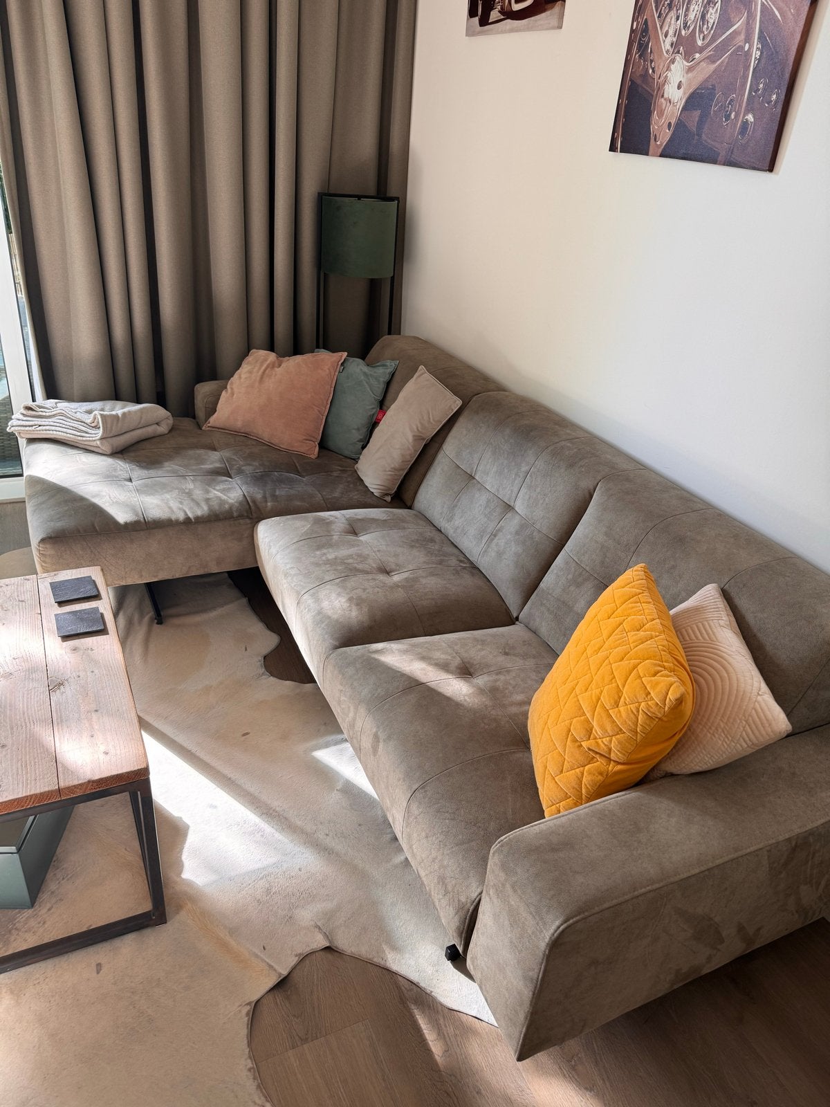 Comfortabele Hoekbank - Grijsbruin Stof, Huis en Inrichting, Ophalen, 250 tot 300 cm, Gebruikt, 100 tot 125 cm