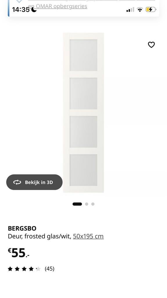 1 x Ikea Bergsbo Deur, frosted glas/wit, 50x195 cm, 200 cm of meer, Glas, Minder dan 25 cm, 50 tot 100 cm