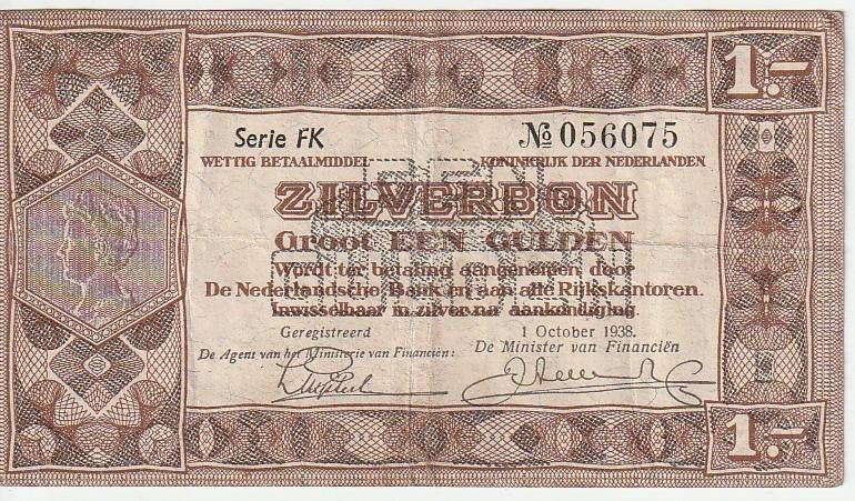 Zilverbon  1 gulden 1938  Nederland., Ophalen of Verzenden, 1 gulden, Los biljet