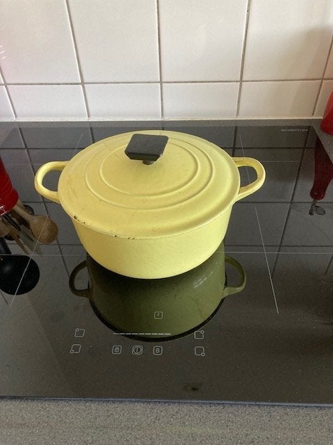 Le Creuset braadpan, gebruikt, goed! oud met vierkante knop, Geel, Metaal, Le Creuset, Ophalen