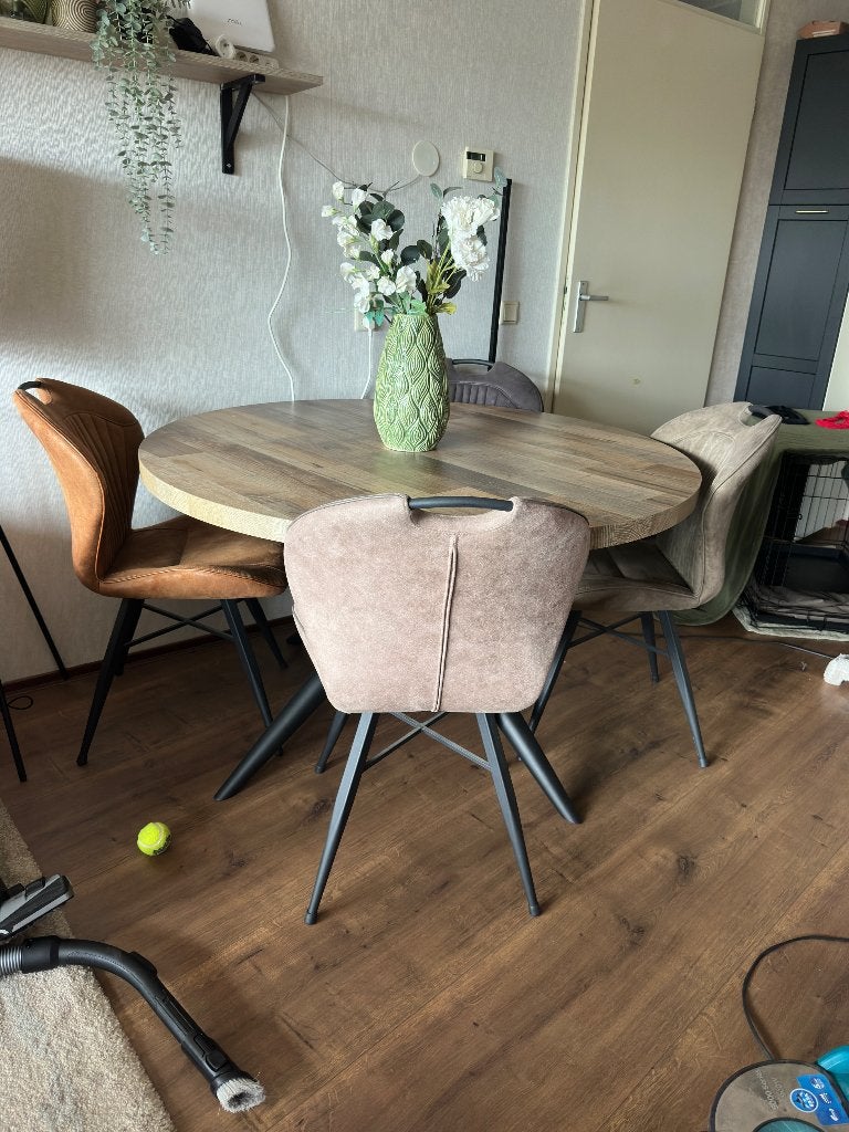 ronde eettafel van 1,30 m Mangohout met zwarte poot, Ophalen, Mangohout, Rond, Zo goed als nieuw