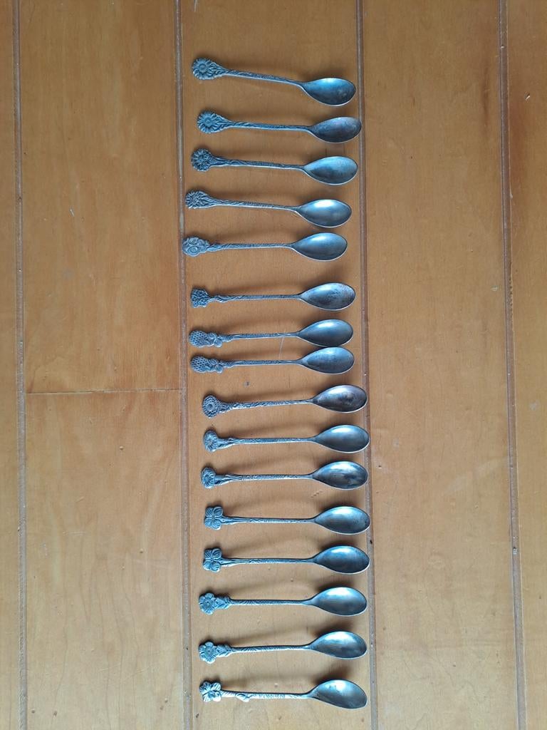 Verzilverde lepeltjes, bloemen, douwe egberts, 16 stuks, Antiek en Kunst, Antiek | Bestek, Ophalen of Verzenden