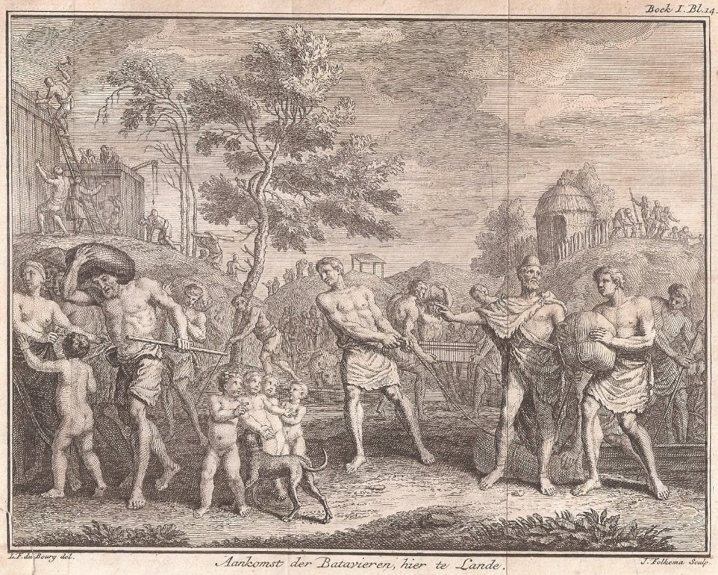 Aankomst der Batavieren, hier te Lande  Gravure Folkema, Origineel, Ophalen of Verzenden, Gravure, 15 cm