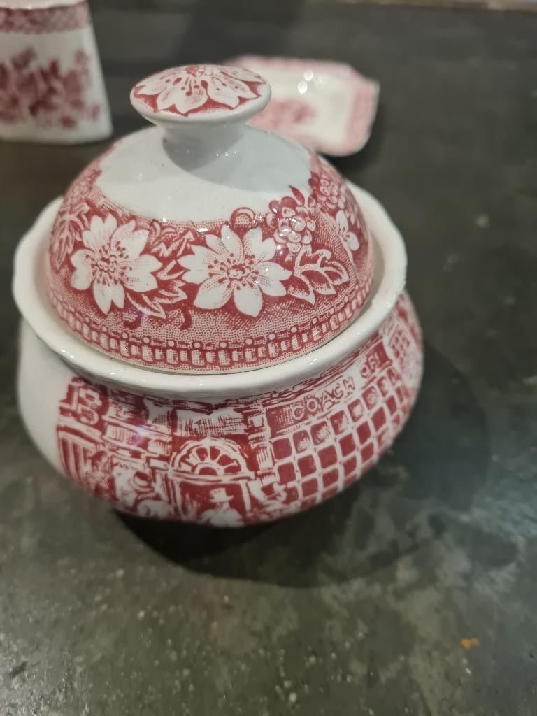 Vintage suikerpotje Royal Tudor Ware Coaching Taverns, Ophalen of Verzenden