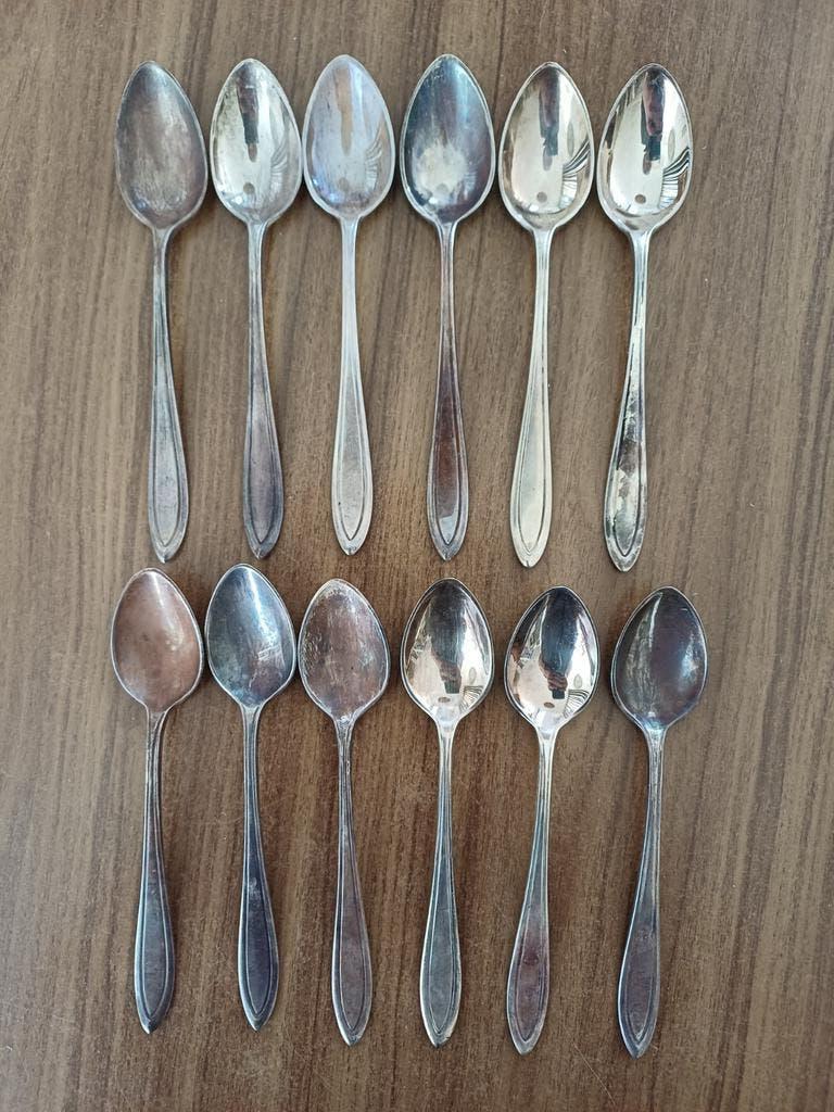 12 Thee / koffie lepeltjes Keltum Posthoorn verzilverd, Ophalen of Verzenden, Gebruikt, Zilver, Los bestek