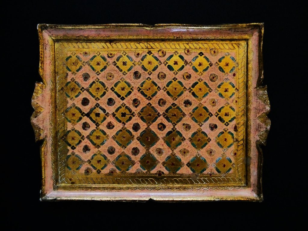 Italiaans houten dienblad kleur goud rood groen en oud roze, Antiek en Kunst, Curiosa en Brocante, Ophalen of Verzenden