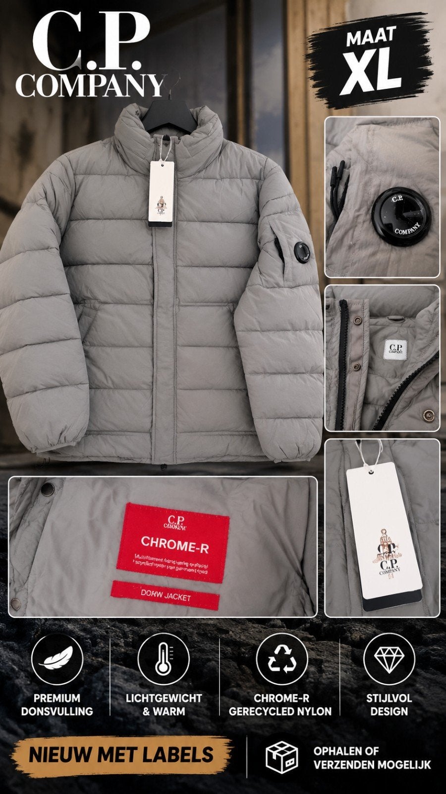 C.P. Company Chrome-R Down Jacket Grijs Maat XL Nieuw, CP Company, Ophalen of Verzenden, Grijs, Maat 56/58 (XL)
