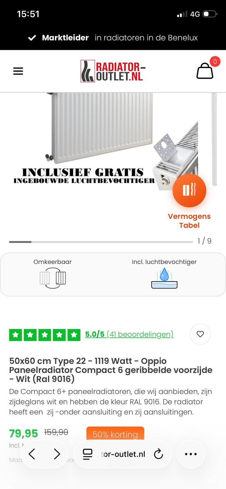 Radiator 500x600mm T22 Oppio, Ophalen, 30 tot 80 cm, Hoog rendement (Hr), Radiator