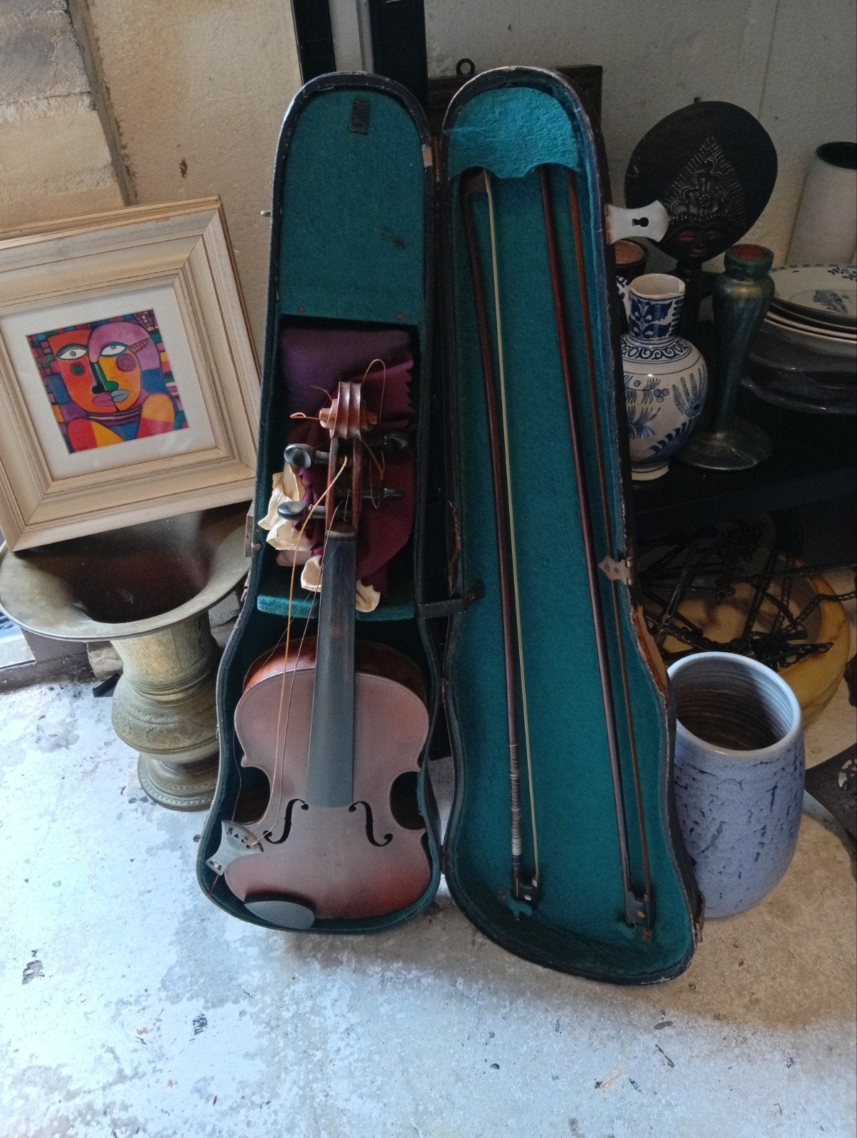 Vintage Viool met Koffer en Strijkstokken, Muziek en Instrumenten, Gebruikt, Overige formaten, Viool, Ophalen of Verzenden
