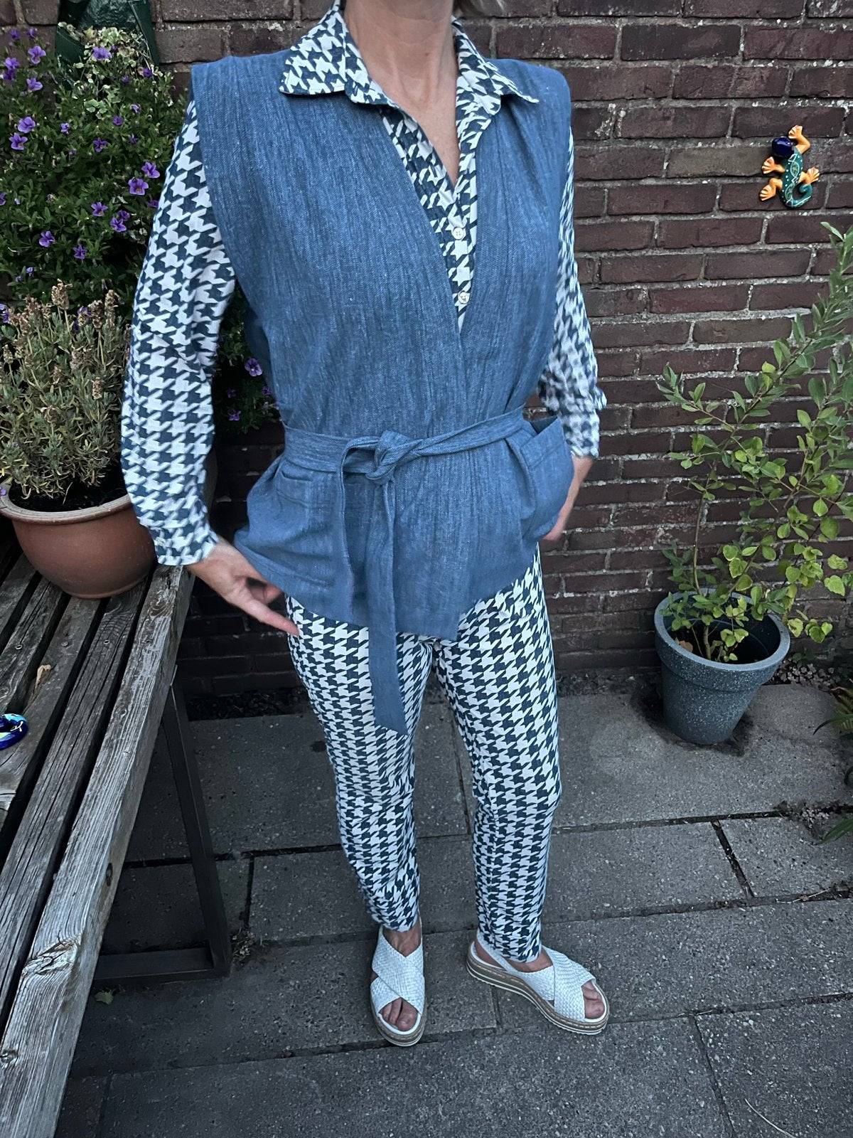 Studio Anneloes set: blouse en broek met pied-de-poule, Blauw, Ophalen of Verzenden, Zo goed als nieuw, Maat 36 (S)