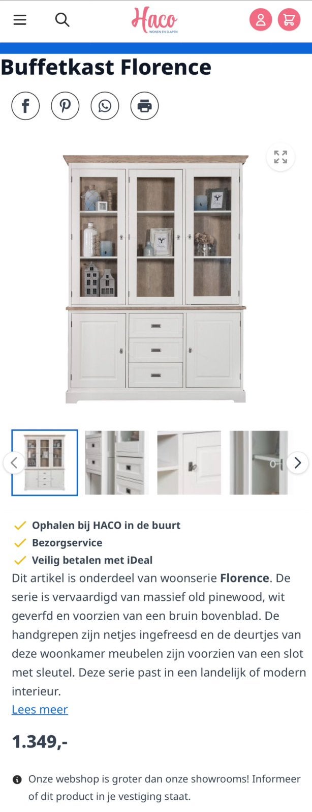 Haco stijlvolle buffetkast Florence massief old pinewood, Huis en Inrichting, Kasten | Dressoirs, Ophalen, Gebruikt, 150 tot 200 cm