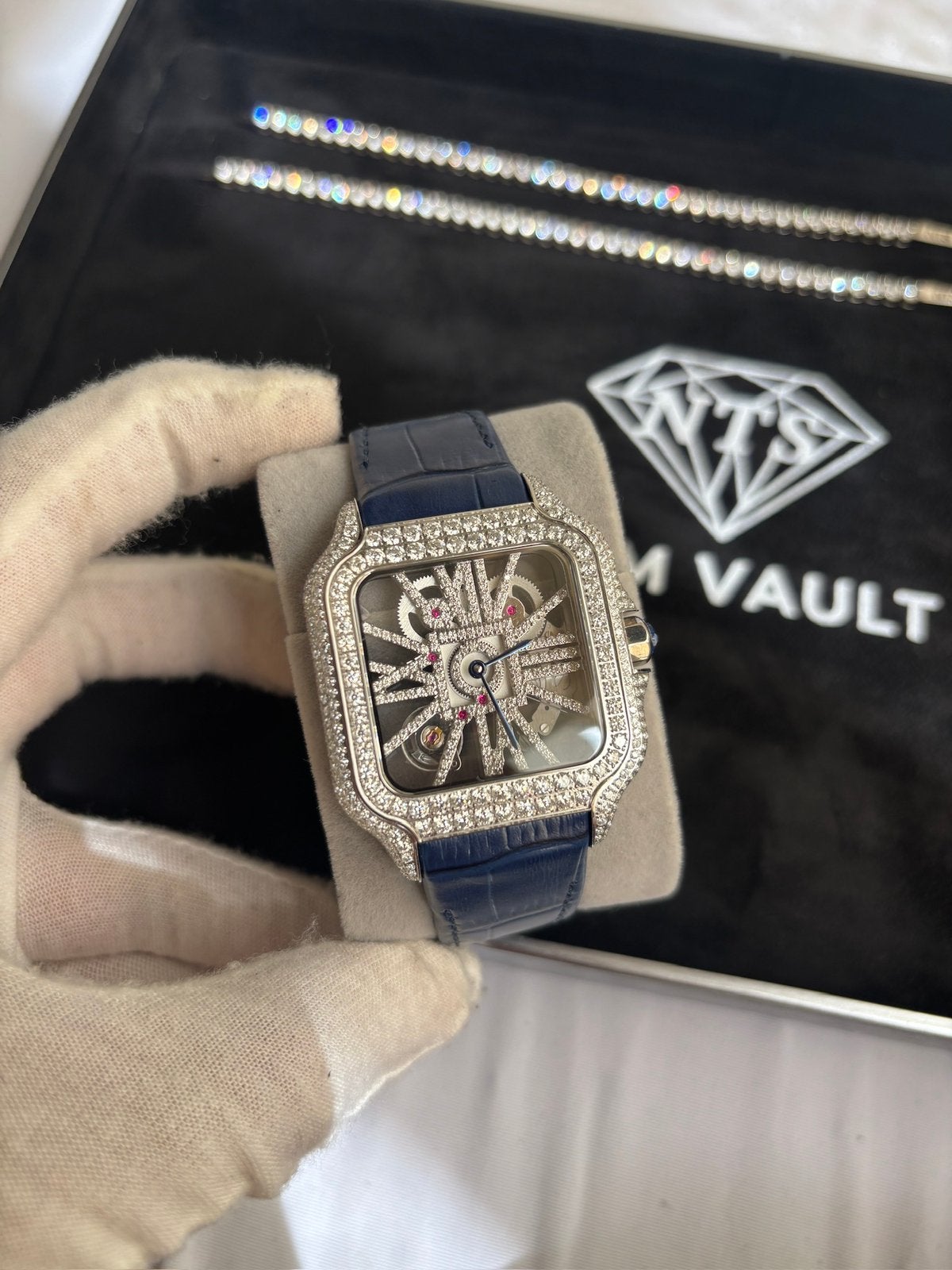 Santos Style Watch Blue Leather  IcedOut Swiss Ronda 1042, Ophalen of Verzenden, Conditie, Zo goed als nieuw, Blauw