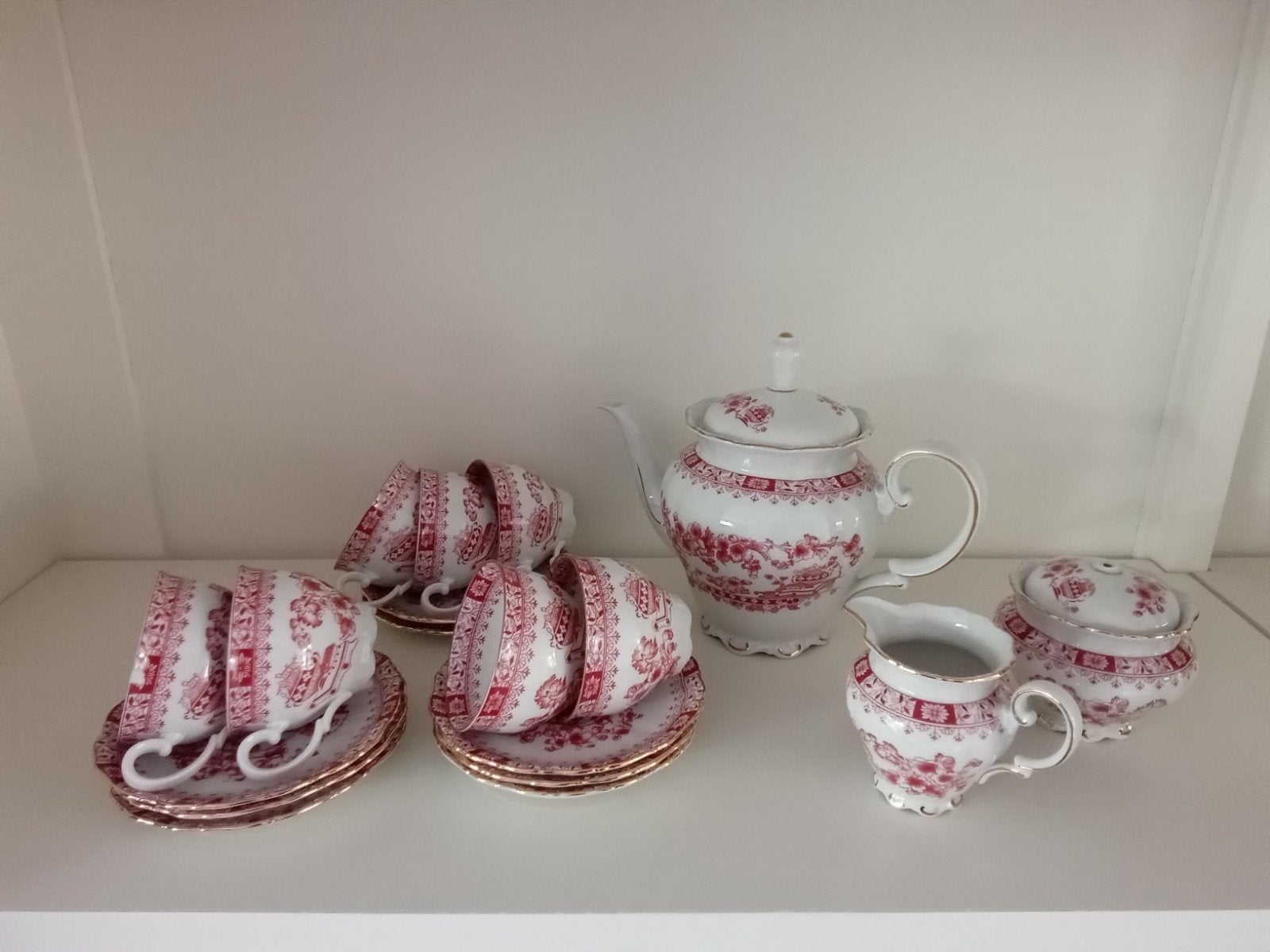 Antiek theeservies rood-wit porselein, Antiek en Kunst, Ophalen