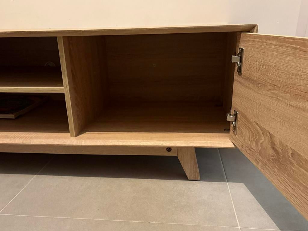 Modern houten tv-meubel met opbergruimte, Ophalen, Gebruikt, 100 tot 150 cm, Minder dan 100 cm