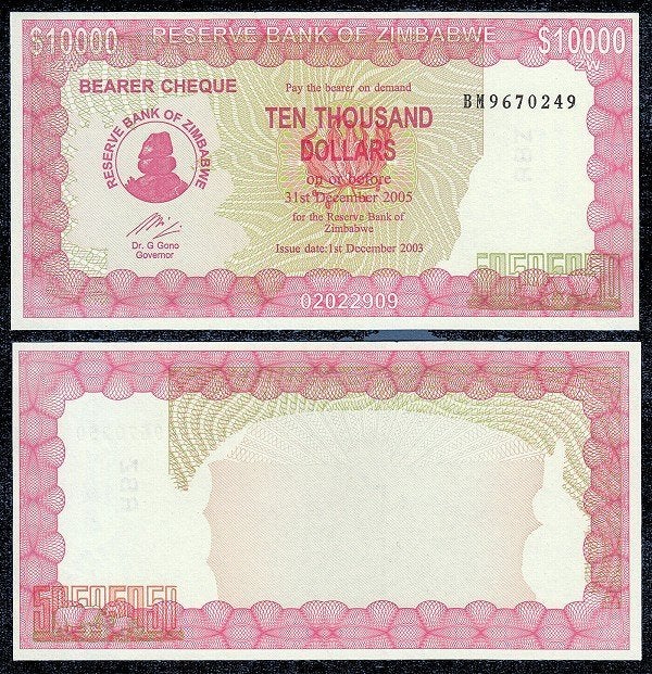 Zimbabwe 2005/2006, Bearer Cheque 10.000..100.000 (UNC), Verzenden, Zimbabwe, Setje