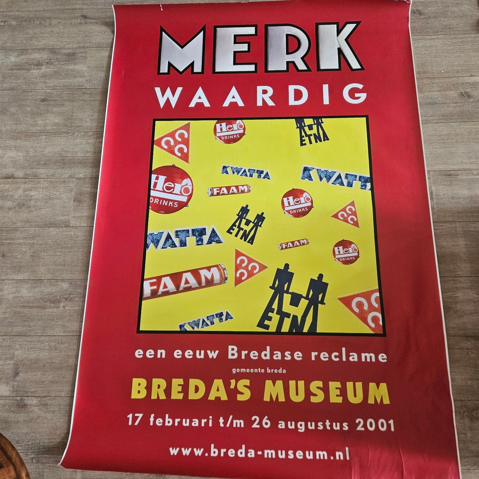Vintage Reclame Poster Breda's Museum 2001 - Merk Waardig, Verzamelen, Deurposter of groter, Ophalen of Verzenden, Reclame, Rechthoekig Staand
