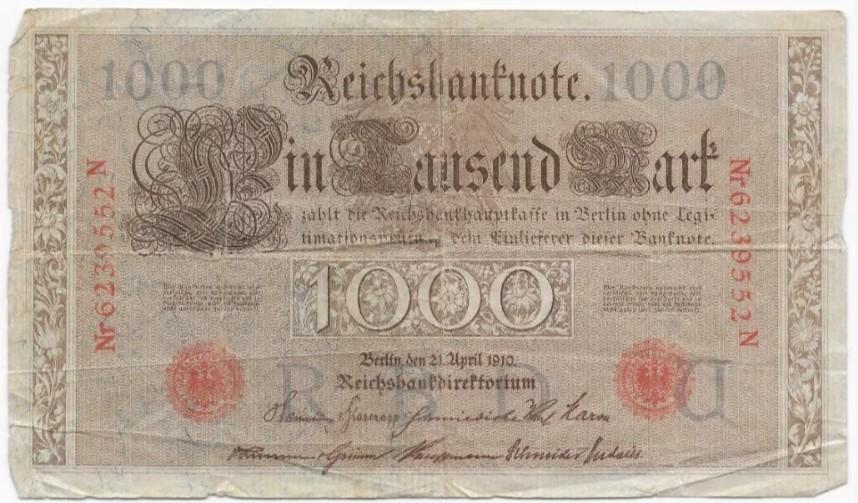 1000 Mark 1910 Reichsbanknote; two red seals  52N, Verzenden, Duitsland, Los biljet