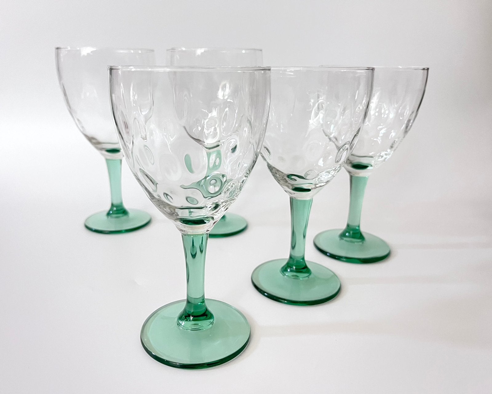 Vintage wijnglazen met groene steel met optiek glas 5x, Ophalen of Verzenden, Gebruikt, Overige typen