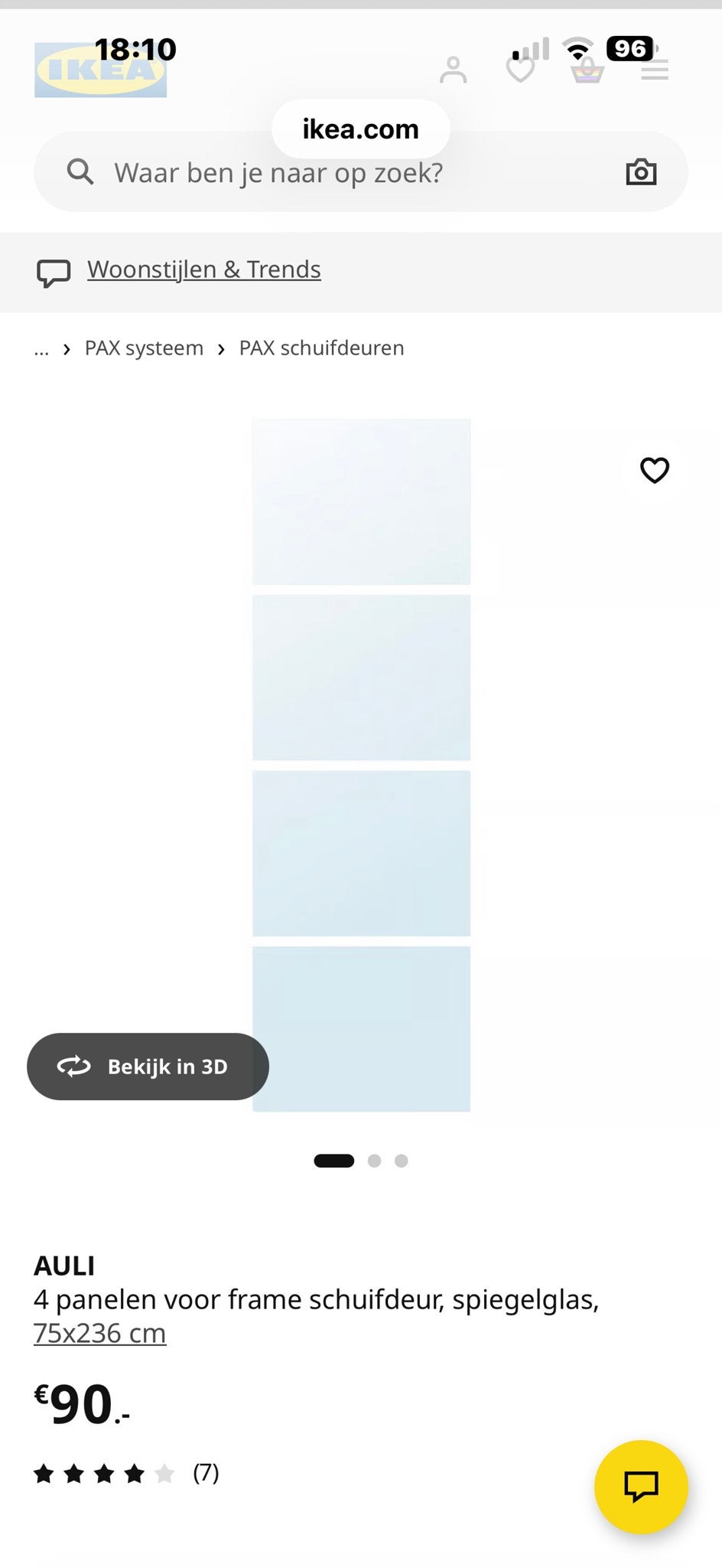 IKEA AULI Spiegel schuifdeur panelen 75x236 cm, Gebruikt, 200 cm of meer, Ophalen of Verzenden, Rechthoekig