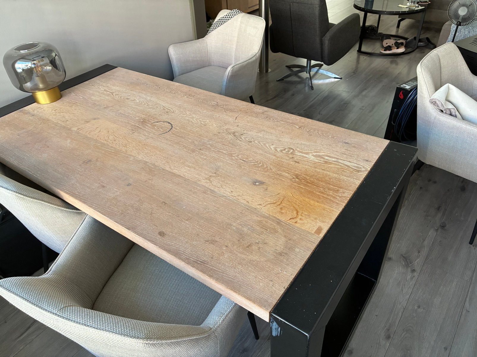 Eettafel massief eiken blad industrieeel, Huis en Inrichting, Tafels | Eettafels, Ophalen, 200 cm of meer, 50 tot 100 cm, Zo goed als nieuw