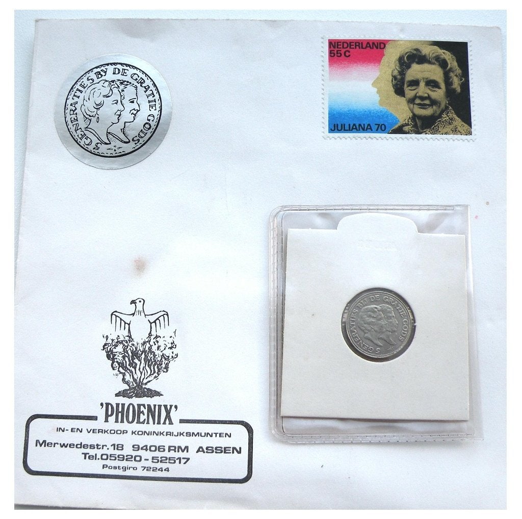 Penning 70e verjaardag Juliana met postzegel nieuw verpakt, Ophalen of Verzenden, Overige materialen, Nederland