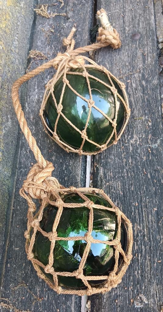 2 Vintage macramé grote groene glazen bol drijver Ø14 cm (2), Ophalen of Verzenden
