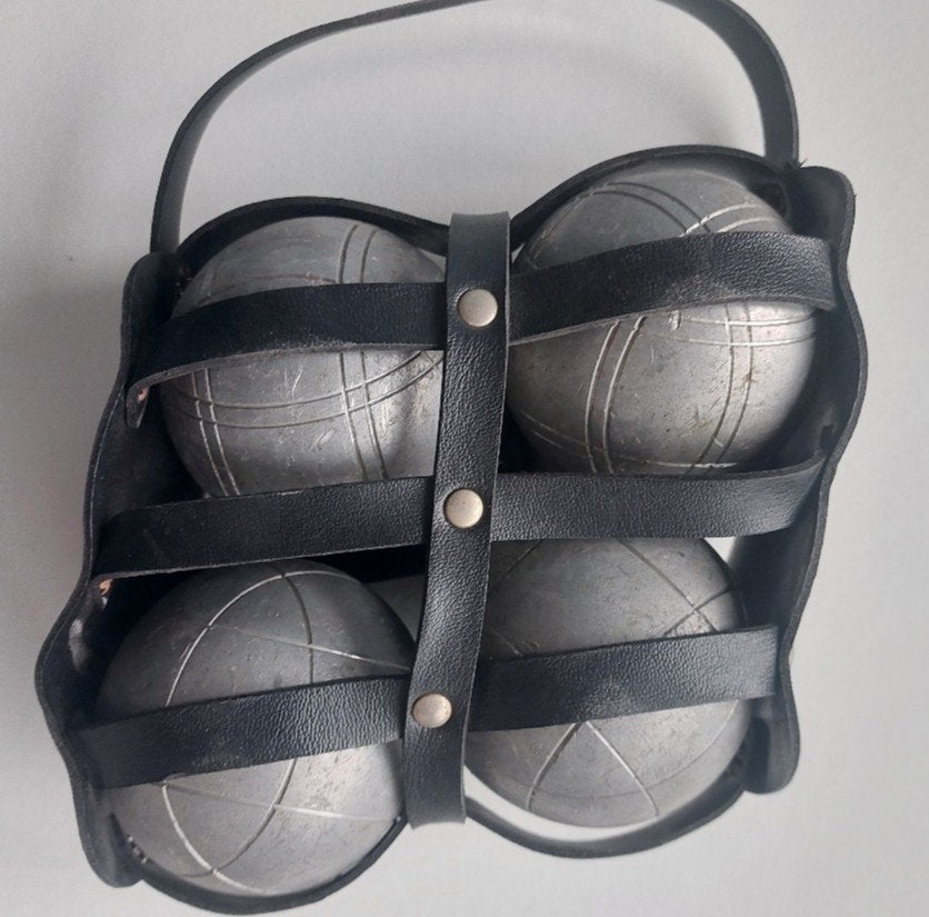 Vintage Jeu de Boules set van 4 boules in houder, Ophalen of Verzenden, Gebruikt