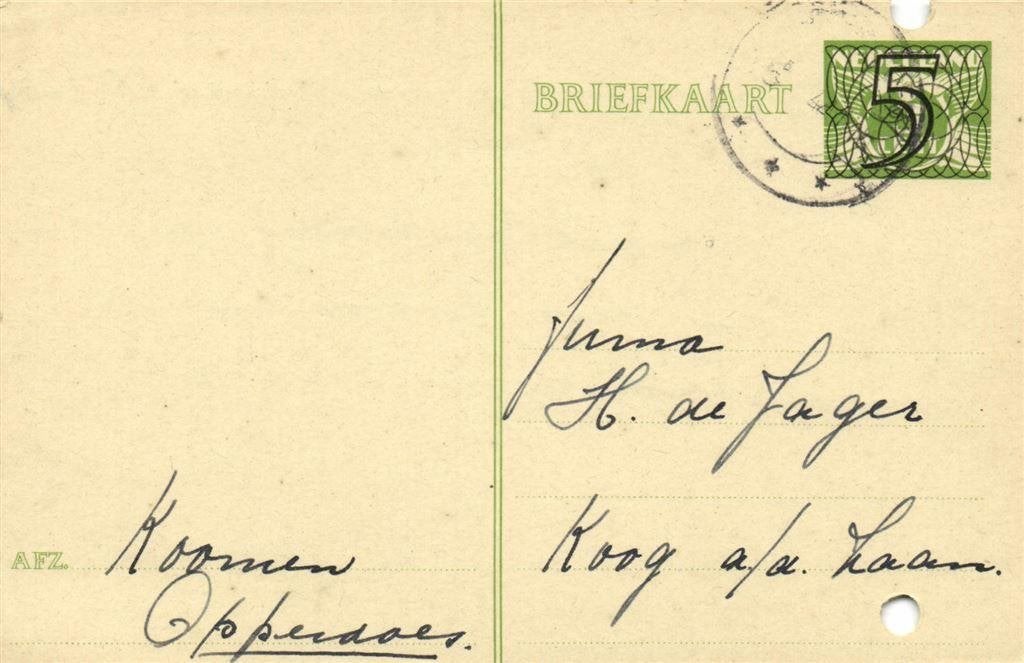Koomen, Opperdoes - 01.1941 - briefkaart - 1941 geschreven e, Ophalen of Verzenden, Briefkaart