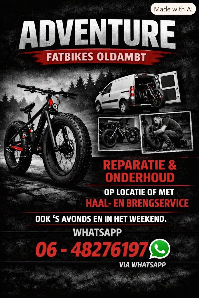 Fatbike spoedreparatie onderhd Avond/Weekndhulp HalenBrengen, Mobiele service, Fietsreparatie